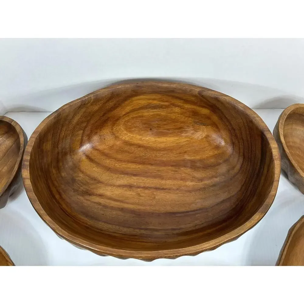 Vintage Wavy Oval Real Teak Wood Salad‎ Bowl Set Gorgeous Wood Grain 9 Niece